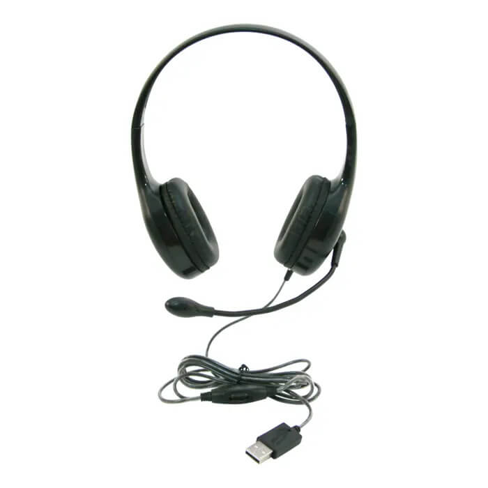 Califone KH-08GUSB BK On-Ear Headset with gooseneck mic, ideal for bulk school headphones and education settings.