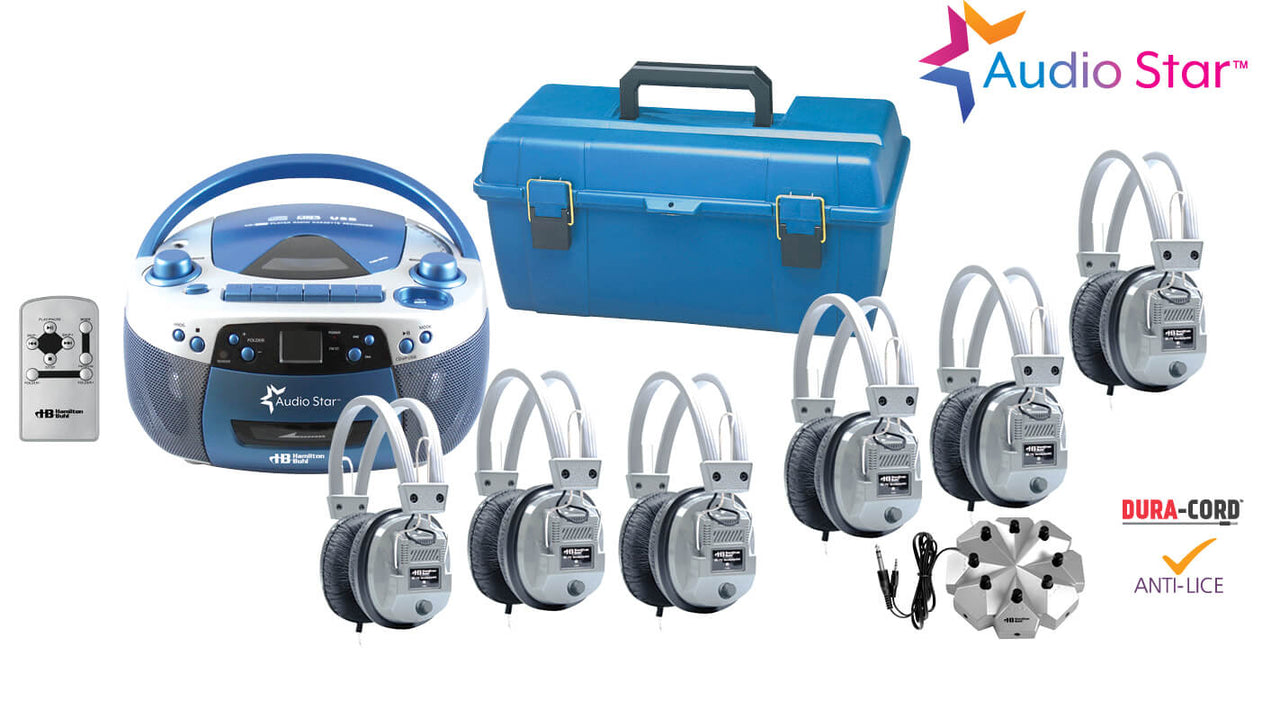 AudioStar 6-Station Listening Center with 6 bulk school headphones in lockable carrying case for educational use.