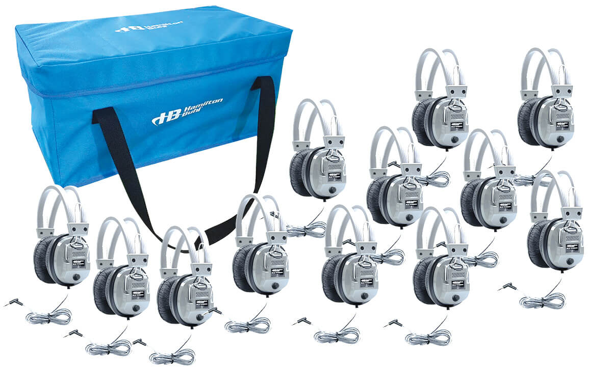 Bulk school headphone lab pack featuring 12 SchoolMate SC-7V headphones with carry case for educational use.