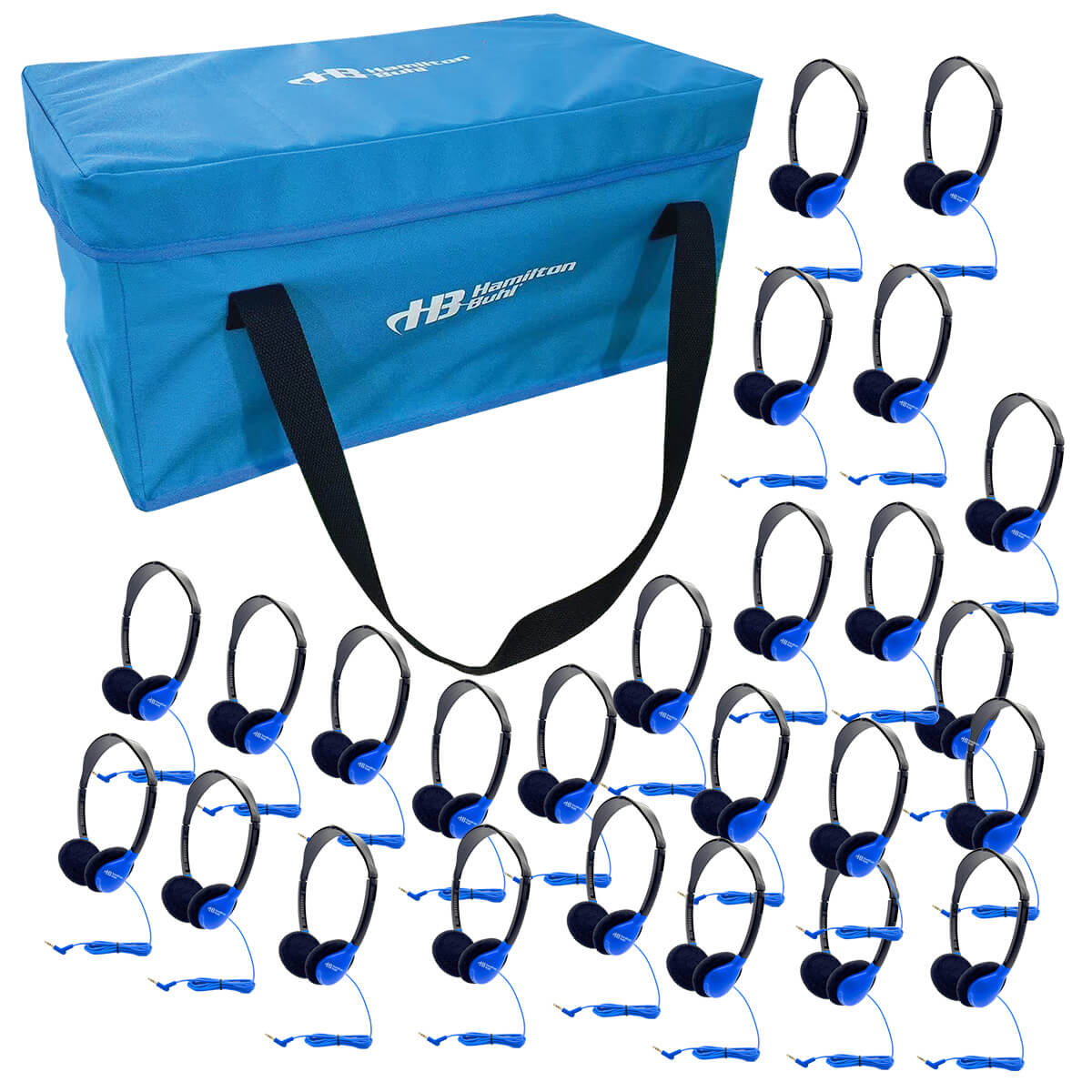 HamiltonBuhl Lab Pack with 24 blue headphones and carry case, ideal bulk school headphones for education.
