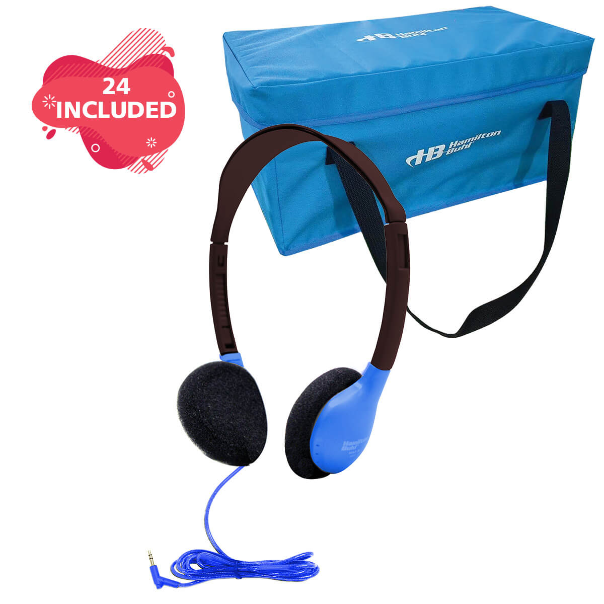 HamiltonBuhl Lab Pack with 24 blue personal headphones and carry case, perfect for bulk school headphones and education use.