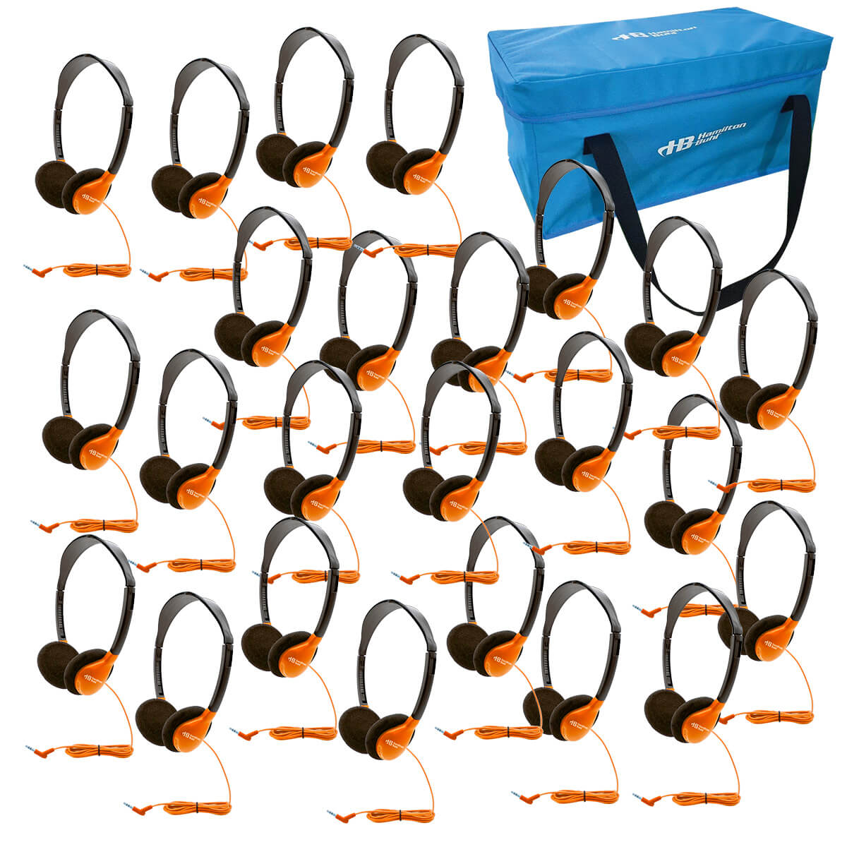 24 bulk school headphones in orange with carry case, perfect for classroom and educational use.