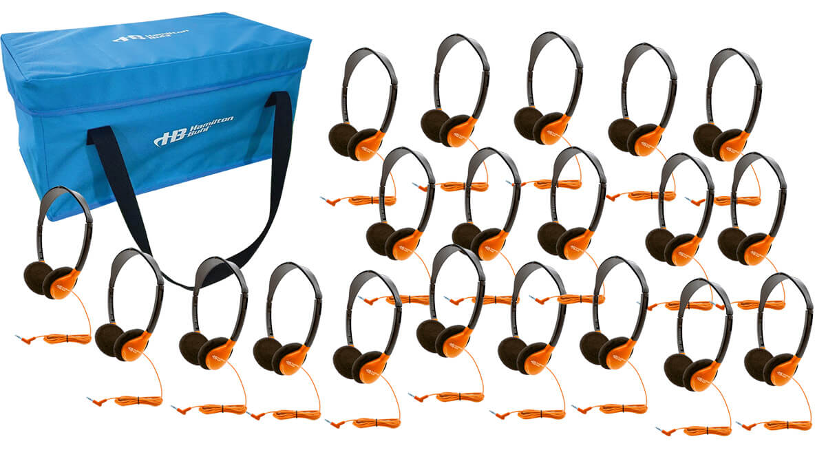 HamiltonBuhl 24 pack of orange school headphones in a blue carry case, ideal for bulk school headphone needs.