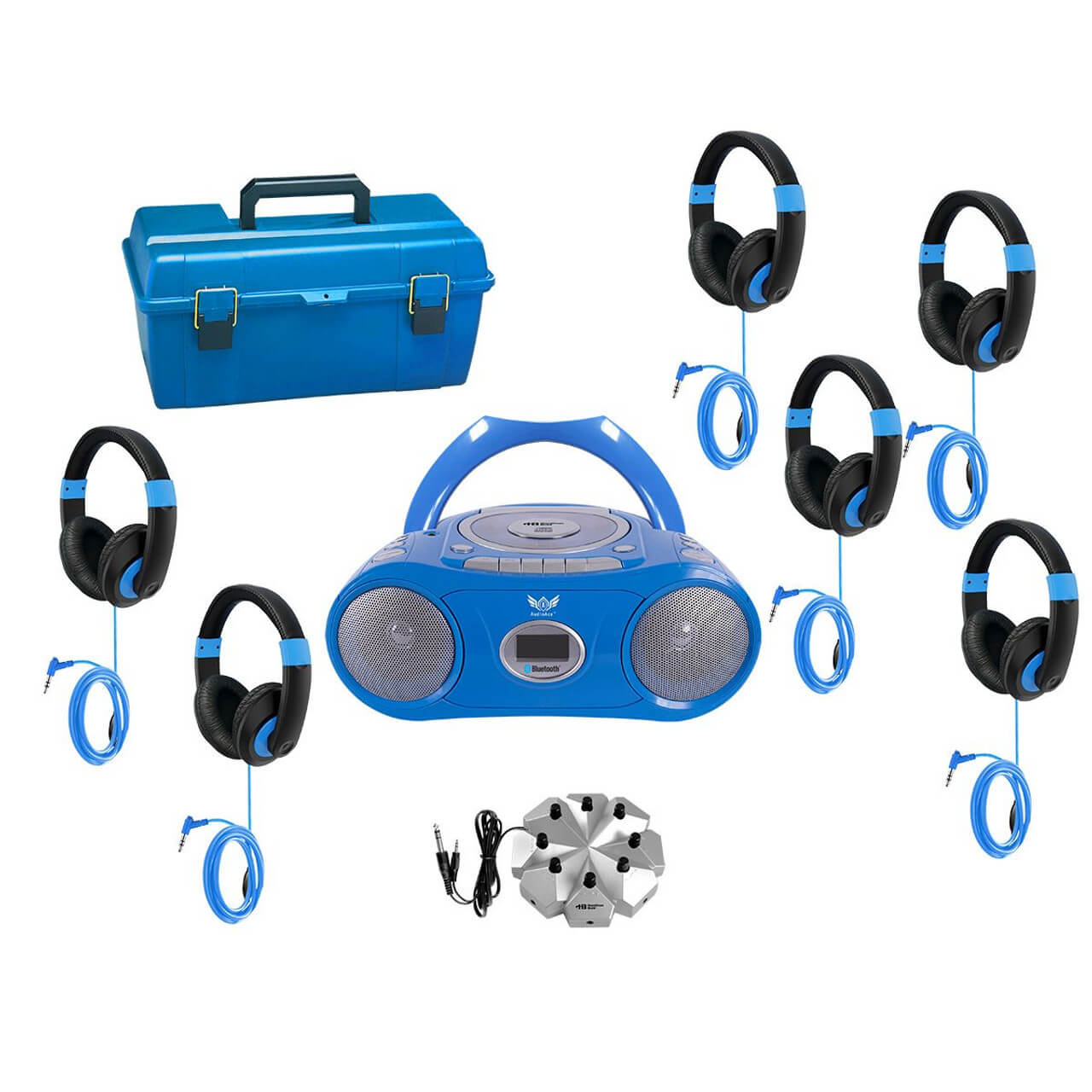 6-Station Listening Center with AudioAce Boombox, Jackbox and Smart-Trek Deluxe Headphones with Blue Accents