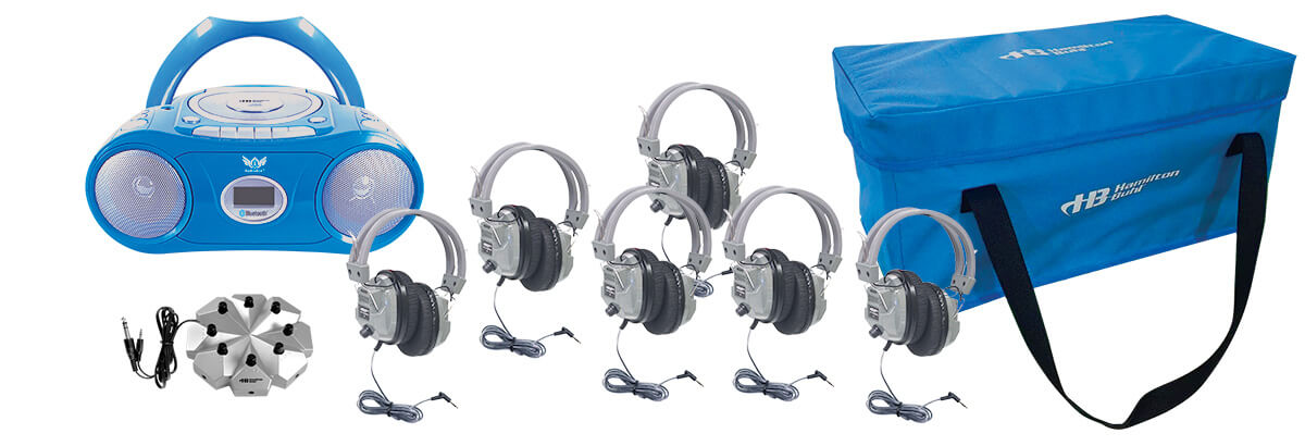 6 person listening center with Bluetooth boombox and bulk school headphones, ideal for education and language learning.