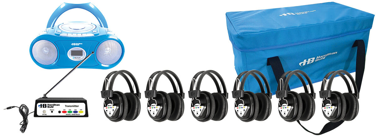 Hamilton Buhl wireless listening center with Bluetooth boombox and bulk school headphones for educational use.