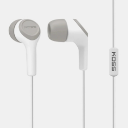 Noise-isolating Koss earbuds with microphone, perfect for bulk school headphones and classroom learning.