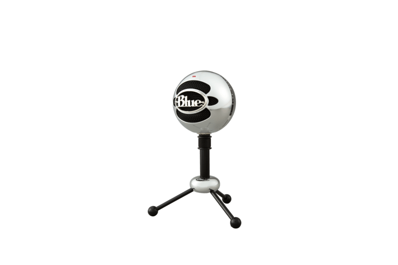 Logitech Blue Snowball USB Mic on stand for podcasting and streaming, showcasing studio-quality audio capture.