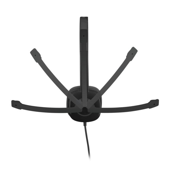 Logitech H151 Stereo Headset viewed from above, showcasing its black design and noise-canceling microphone—ideal for school headphones.