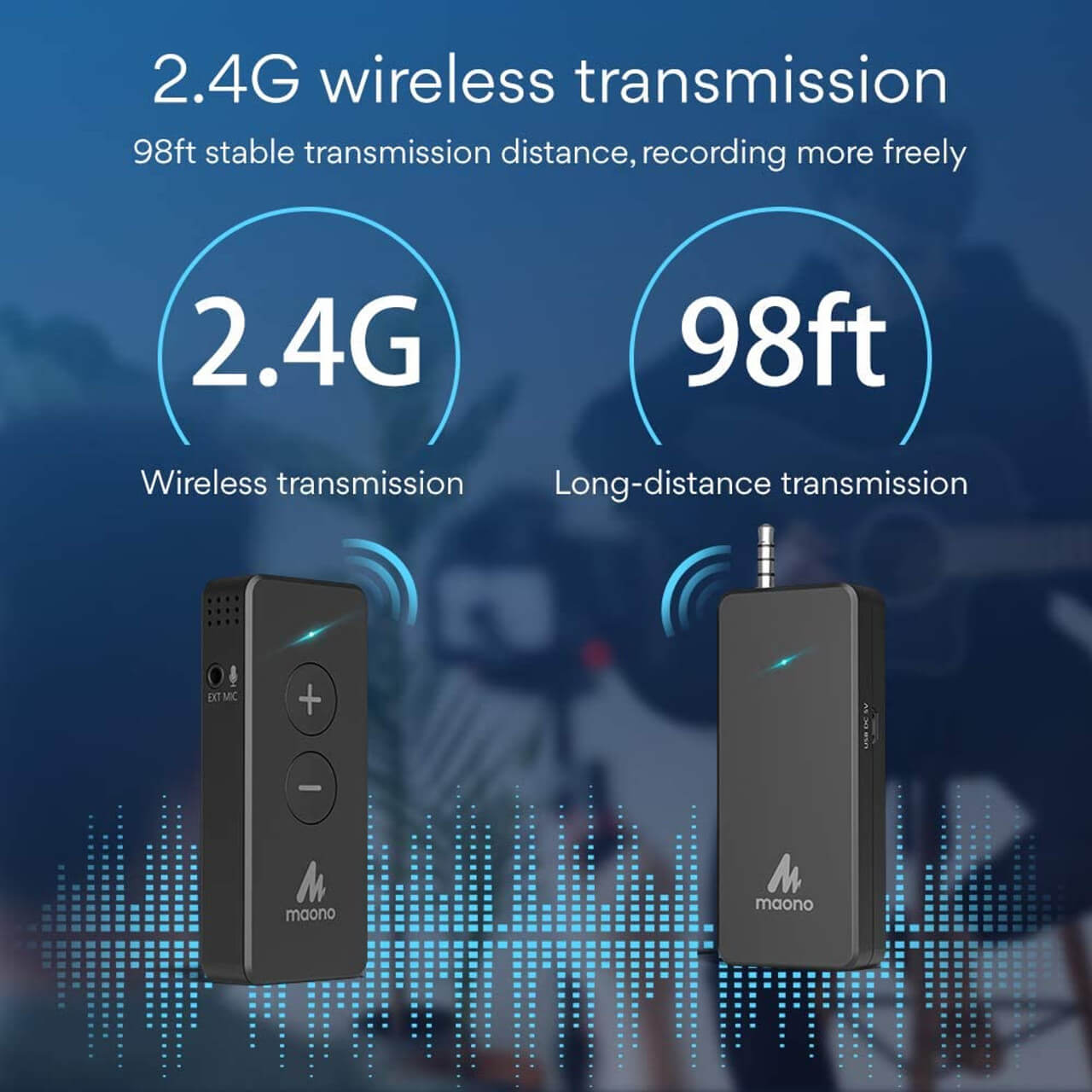 2.4G wireless transmission system with 98ft range for stable audio recording, ideal for remote teaching and vlogging.