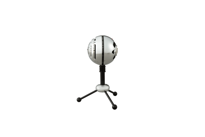 Logitech Blue Snowball USB microphone on a tripod stand for high-quality audio recording.