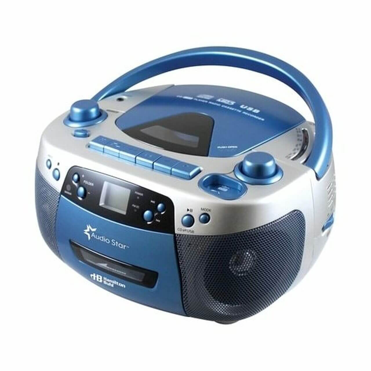 AudioStar USB MP3 CD Cassette Boombox showcasing its multi-format audio capabilities and sleek design.