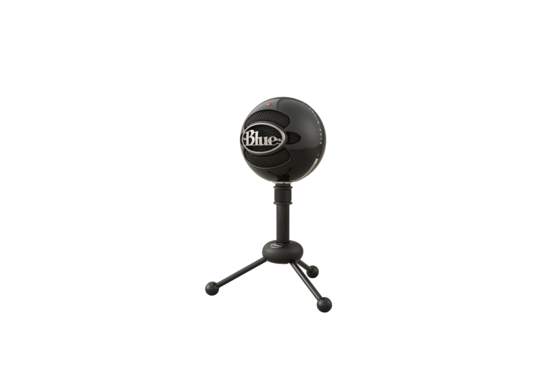 Logitech Blue Snowball USB microphone on tripod, ideal for podcasting, streaming, and music recording.