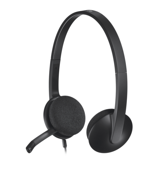 Logitech H340 USB headset with noise canceling mic, ideal for school headphones and audio clarity.