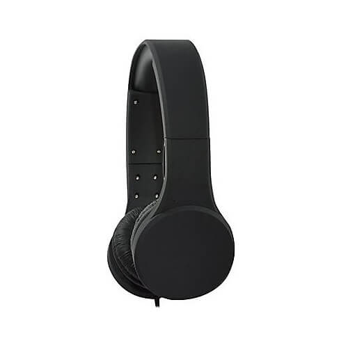 Stereo headset with in-line mic, ideal for school use and education, sleek black design for comfort and durability.