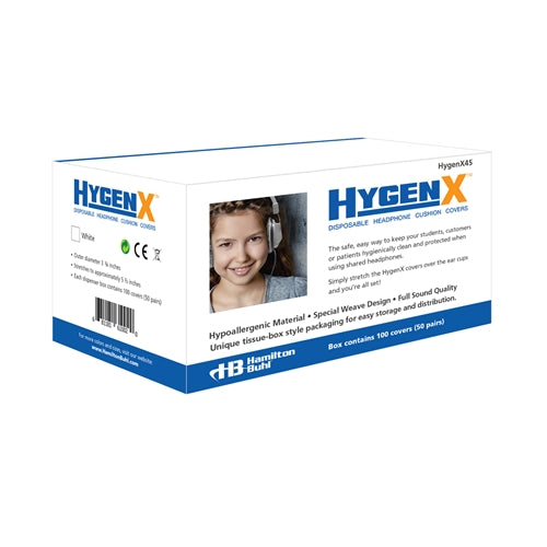 HygenX disposable headphone cushion covers box for school headphones, featuring 100 hygienic covers in a tissue-box design.