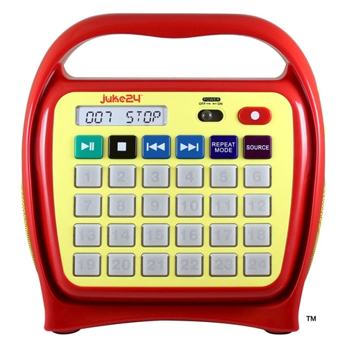 Juke 24 Media Player in red and yellow, perfect for educators, compatible with bulk school headphones for easy audio streaming.