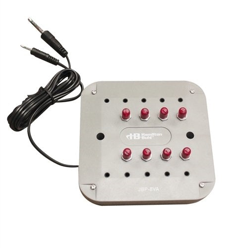TRRS audio jackbox for classroom use with 8 positions and individual volume controls, ideal for bulk school headphones.