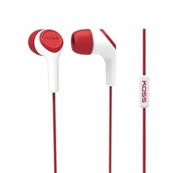 Noise-isolating school earbuds with microphone in red and white for classroom learning and student focus.
