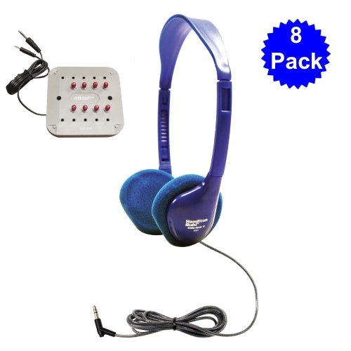 Bulk school headphones with audio jackbox, perfect for classrooms and educational settings. 8 headphones included.