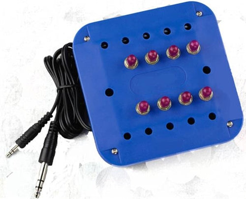 Blue Jackbox with 8 headphone jacks, individual volume control, ideal for school headphone packs and classroom audio use.