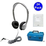 Thumbnail for 24 pack of MS2L personal headphones with a durable carrying case, ideal bulk school headphones for educational use.