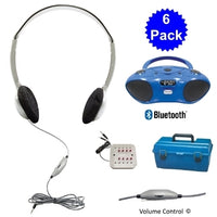 Thumbnail for 6 pack of bulk school headphones with Bluetooth boombox and volume control for educational use.