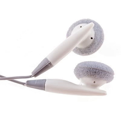 Bulk school headphones in white with soft ear cushions, perfect for educational environments and classrooms.