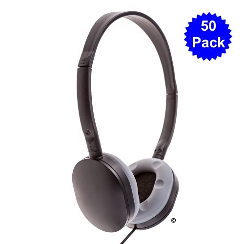 School headphones with soft grey earcup in a 50 pack, perfect bulk headphones for education and classroom settings.