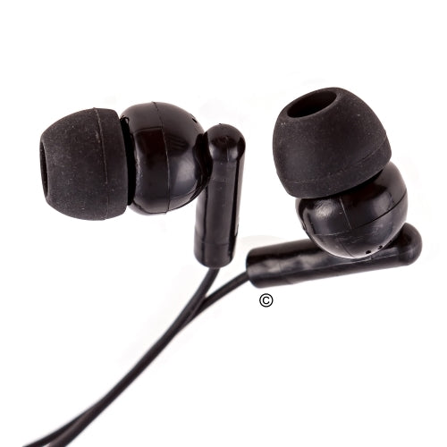Close-up of soft black silicone earbuds for school, ideal for bulk headphone packs and educational use.
