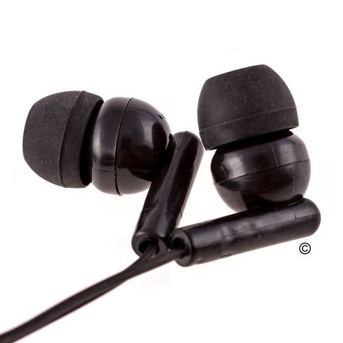 Black silicone earbuds from a bulk school headphones pack, ideal for classroom use and educational settings.