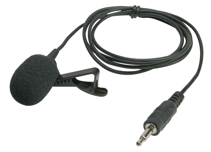 Califone LM319 Electret Lapel Microphone with clip and cable, ideal for hands-free voice projection.