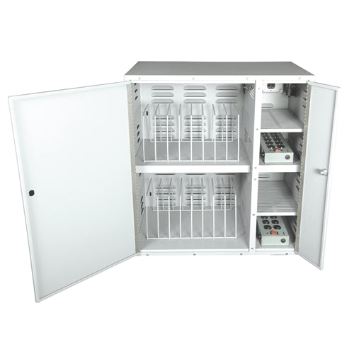 Hamilton Buhl PowerStacker Tower Charging Cabinet for organizing bulk school headphones and devices.
