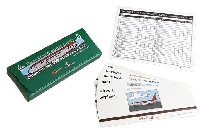 Community Helpers, Places & Vehicles audio card pack for educational use with audio cues, ideal for students using bulk school headphones.