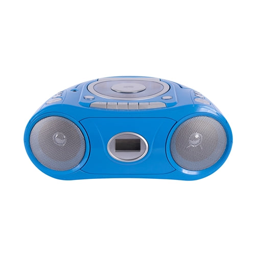 HamiltonBuhl AudioAce MPC-5050 blue boombox for CDs, cassettes, FM, and Bluetooth streaming for education.