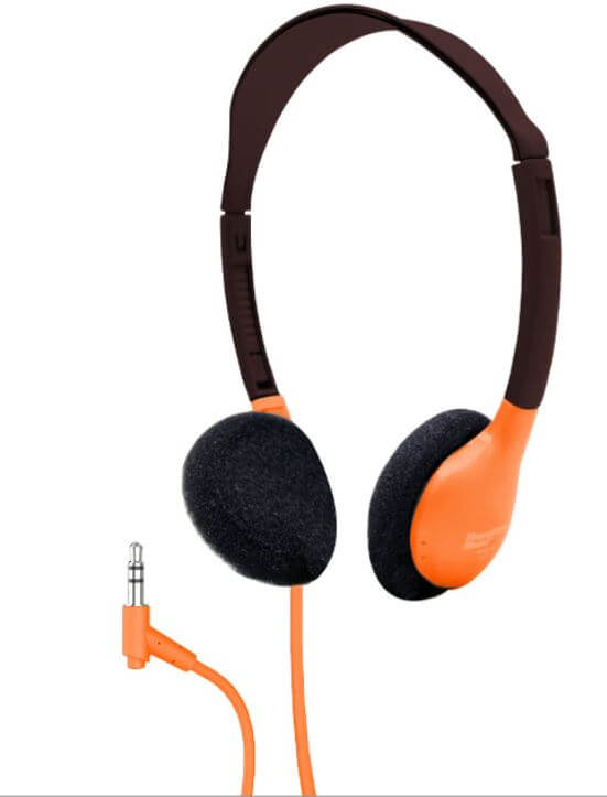 HamiltonBuhl orange personal headphones for education, perfect for school use, compatible with multiple devices, bulk headphone pack.