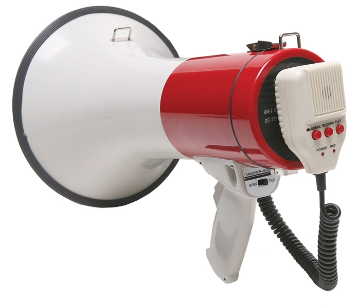 25-watt megaphone with white and red design, ideal for coaches and guides, projecting messages over long distances.