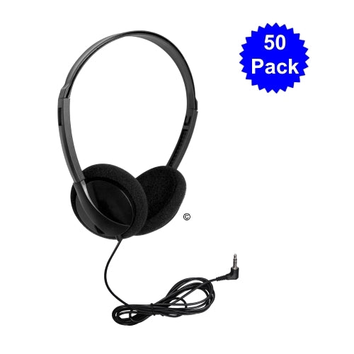 Bulk school headphones in a 50 pack, featuring soft foam earpads, adjustable headband, and 3.5mm jack for educational use.