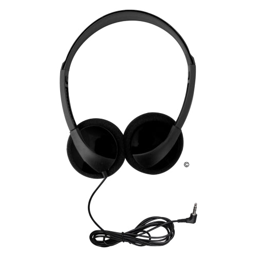 Bulk school headphones in black with soft foam earpads and adjustable headband, ideal for classroom and educational use.