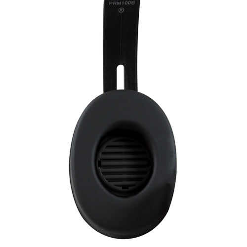 Close-up of black earcup of HamiltonBuhl Primo Stereo Headphones for school use.