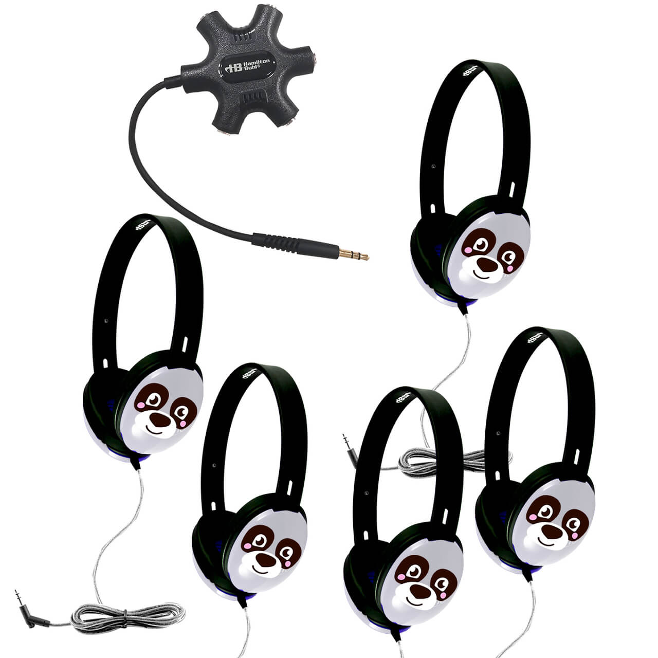 Listening center with 5 Primo Panda headphones and Galaxy jackbox, ideal bulk school headphones for effective learning.