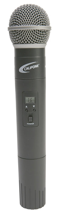 Califone Q319 Handheld Wireless Microphone featuring wireless design and channel-selection for clear audio projection.