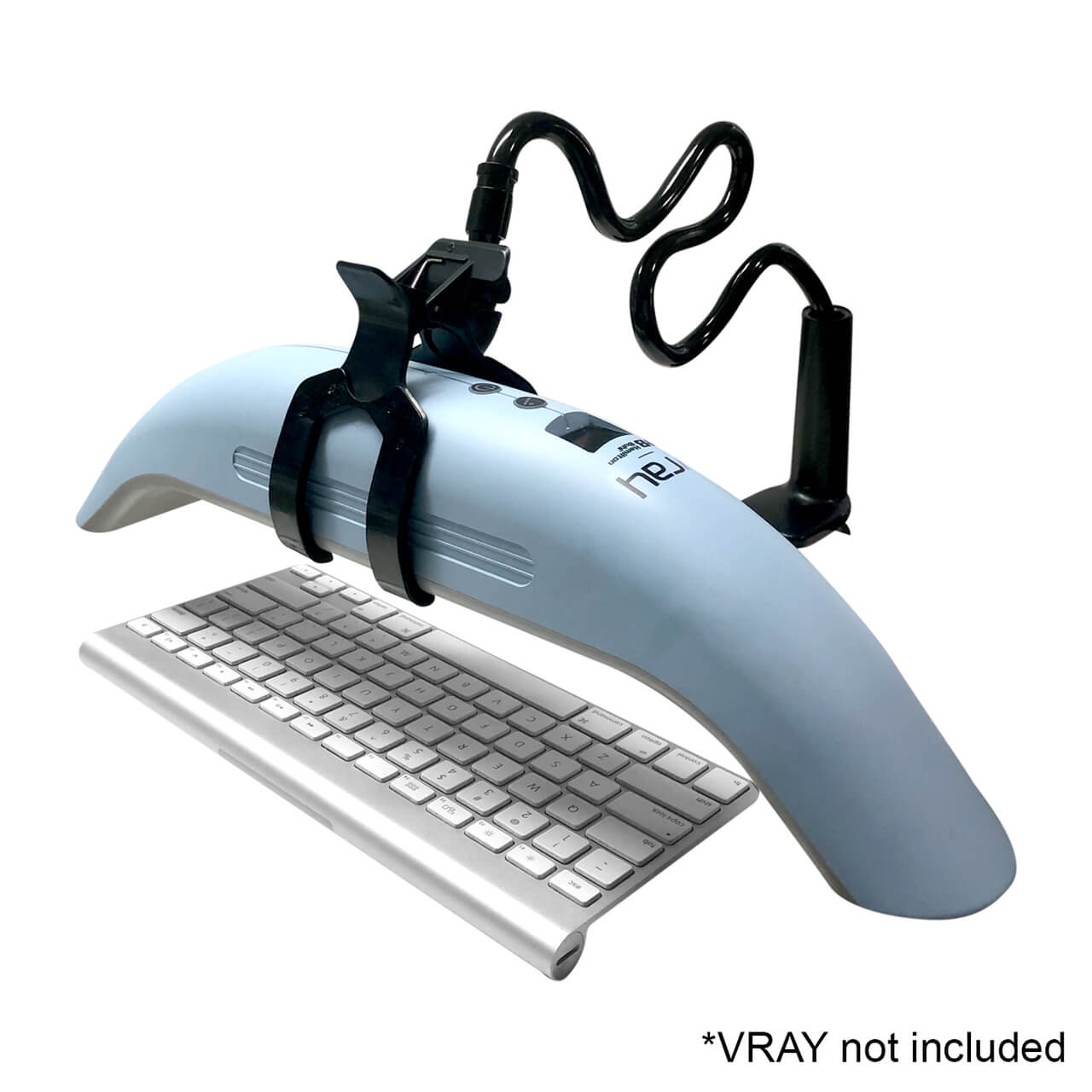 V-Claw holder positioned over a keyboard for sanitizing with HygenX Vray, ideal for bulk school headphones and educational use.