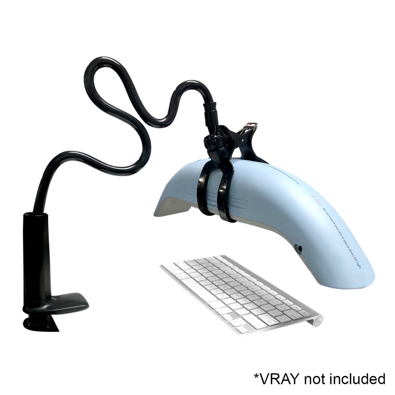 V-Claw holder for HygenX Vray, positioned over a keyboard for effective sanitization, ideal for bulk school headphones.