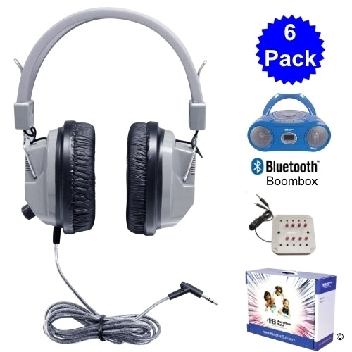 6 pack of school headphones for education with Bluetooth boombox and audio jack box, perfect for classroom listening centers.