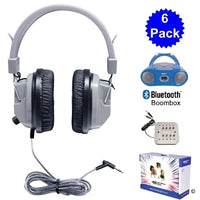 Thumbnail for 6 pack of school headphones for education with Bluetooth boombox and audio jack box, perfect for classroom listening centers.