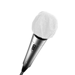 HygenX disposable microphone cover on a silver microphone for sanitary use in schools and events.