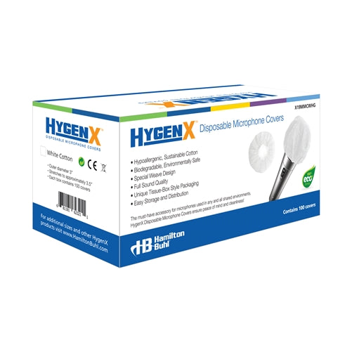 HygenX Disposable Microphone Covers box - eco-friendly, 100% cotton, 100 pack for hygienic use in schools, performances, and events.