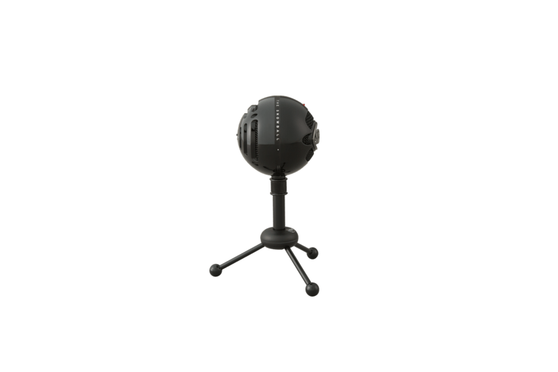 Logitech Blue Snowball USB microphone on stand, ideal for podcasting, YouTube videos, and streaming.