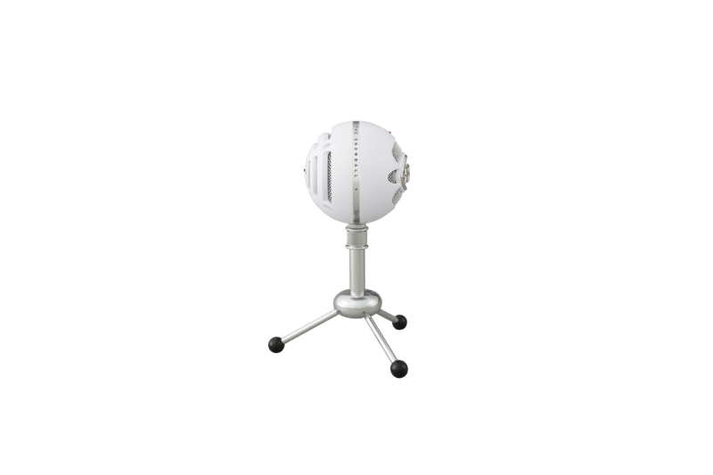 Logitech Blue Snowball USB microphone on a stand, ideal for podcasting and Skype calls with quality audio performance.